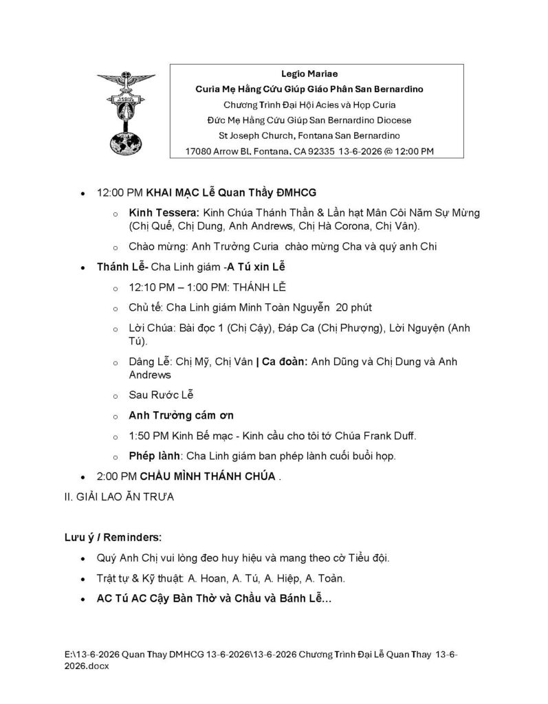 13 6 2026 chương trình Đại lễ quan thay 13 6 2026